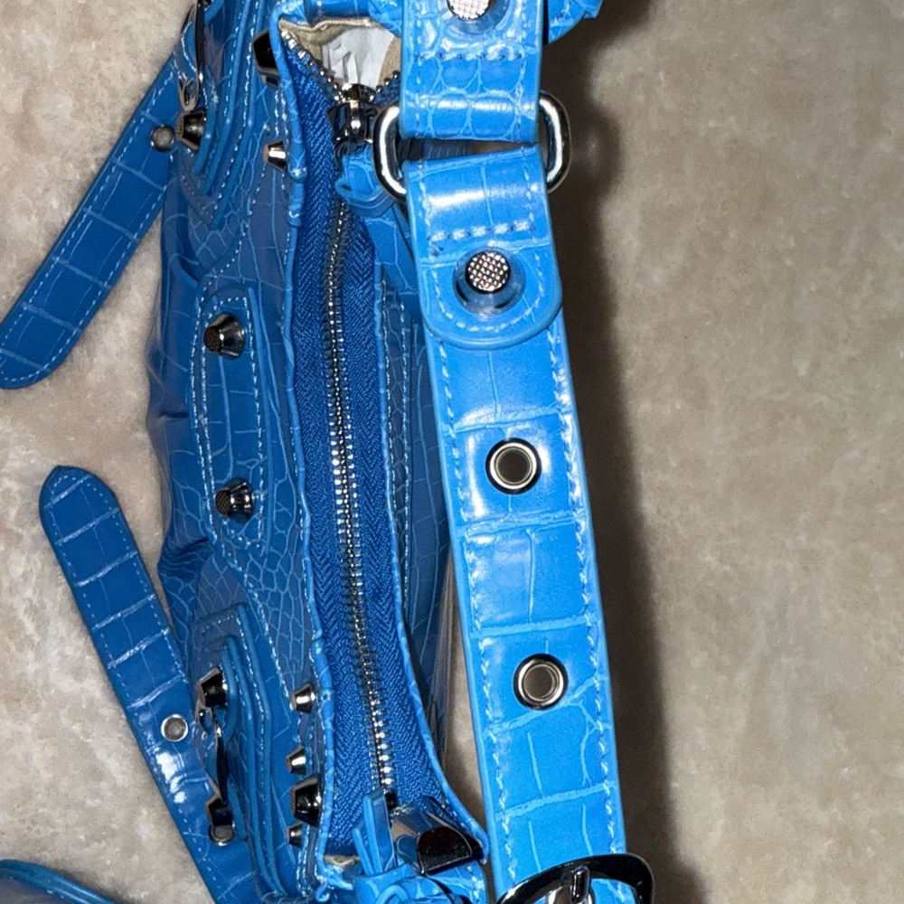 Y2K Grunge Electric Blue Studded Croc Shoulder Bag Attached Heart Mirror Wallet - Picture 5 of 16